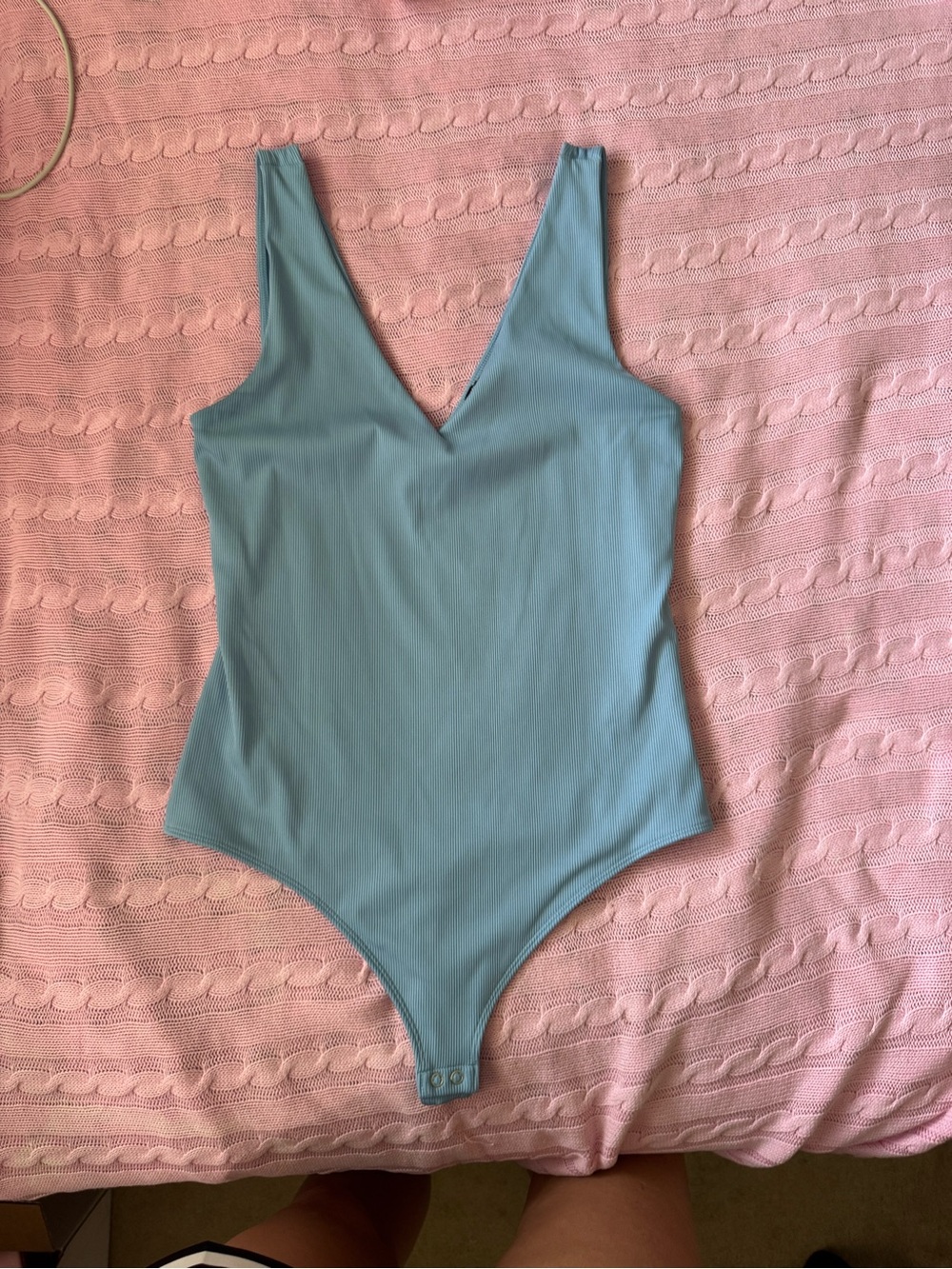 Express Light Blue V-Neck Ribbed Bodysuit